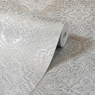 Arthouse Wallpaper Grey Silver Damask Italian Heavyweight Textured Vinyl Italian • £12.99