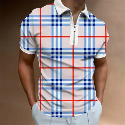 Men's POLO Lapel Striped Plaid Short Sleeve T-Shirt • $28.69