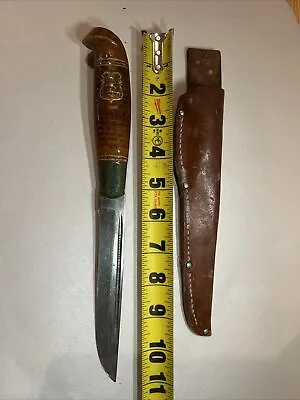 Vintage Puuko 5 3/4” Engraved Blade Knife Made In Finland W/Leather Sheath • $49.99