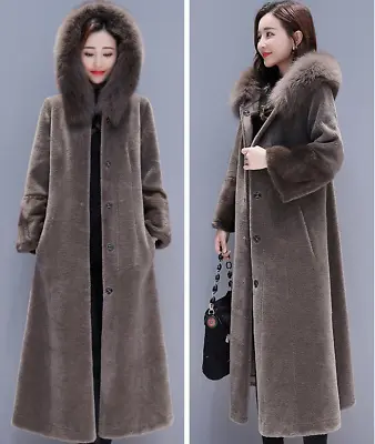 $120.86 • Buy Women Coat Overcoat Real Fox Mink Fur Collar Shearling Wool Cashmere Hooded Long