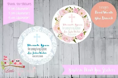 Personalised Baptism Circle Round Gloss Labels Stickers Thank You Floral Blue • $7