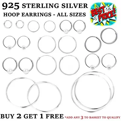 925 Sterling Silver Hoop Earrings Set Small Large Nose Ball Creole Rings Sleeper • £3.99