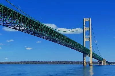 New 5x7 Photo: View Under The Mackinac Bridge With Michigan's Upper Peninsula • $8.99