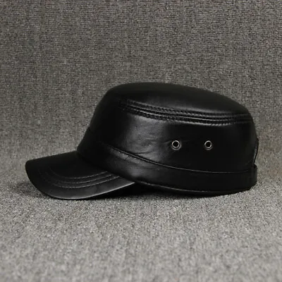 Cadet Cap Black Genuine Sheepskin Leather Adjustable Biker Motorcycle Flat Hat- • $17.97