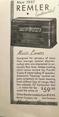 $8.77 • Buy Vintage Print Ad 1937 Remler Continental Vacuum Tube Radio Short Wave Receiver