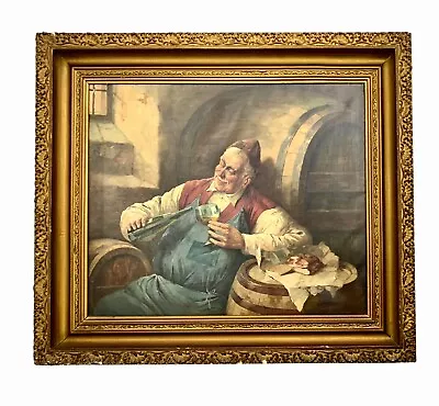 Painting Rest Time Oil On Canvas Framed Signed F. Kerber German Vintage Art • $885