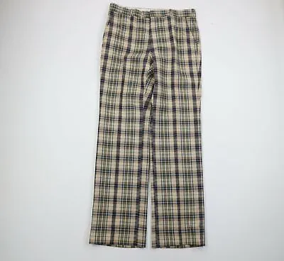Vintage 70s Rockabilly Mens 36x34 Checkered Plaid Linen Bell Bottoms Pants USA • $159.16