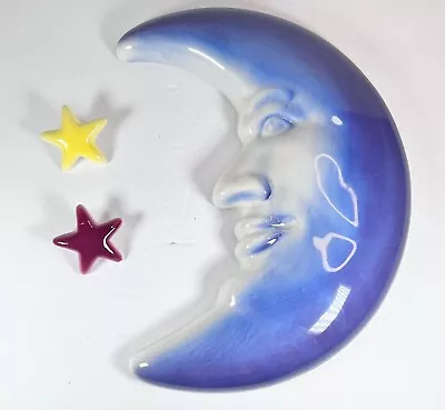 VTG Quarter Moon Face Wall Plaque Nielsen's Extraordinary Ceramics W/ 2 Stars • $18.49