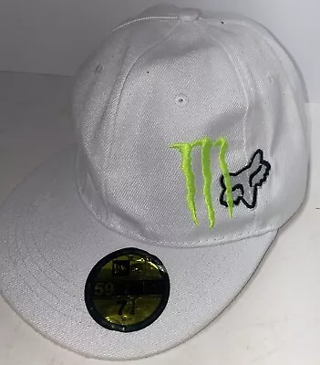 Monster Energy Fox Racing Baseball Cap ERA 59FIFTY Rare White 7-1/4 Cotton • $31