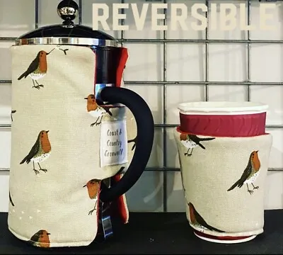 CafetiereFrench Press Cover & Coffee Cup Sleeve- Sophie Allport Robin -Neutral • £13.75