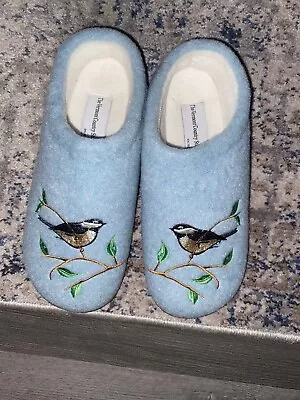 Vermont Country Store Charming Chickadees Blue Felted Wool Clog Slipper Sz 8 • $25