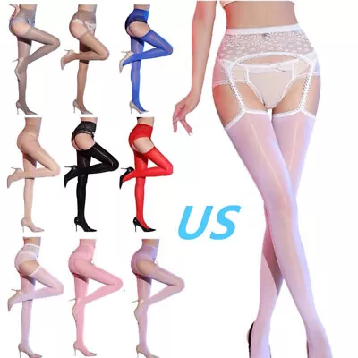 US Womens Lace Tights Open Crotch Pantyhose With Garter Thigh High Stockings • $7.38