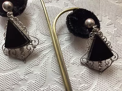 Very Old Mexican Sterling Silver Filigree+Onyx Stones Dangle Earrings Hallmarked • $28.88