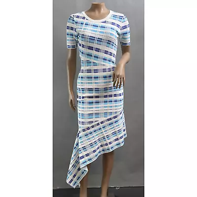 MILLY Dress Women S Blue Directional Plaid Knit Draped Midi Designer Cocktail • $49.99
