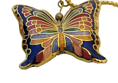 Vintage Asian Cloisonne Puff Butterfly 1.5  Pendant 24  Gold Tone Chain Necklace • $7.99