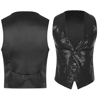 Mens Womens Unisex Glitter Sequin Waistcoat Vest Shiny Sleeveless V-Neck Jacket • £22.18