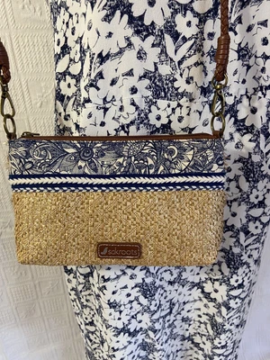 🌱 CUTE Blue Gold SAKROOTS Embroidery Vegan  NEW Small Shoulder Bag Purse • $39.95