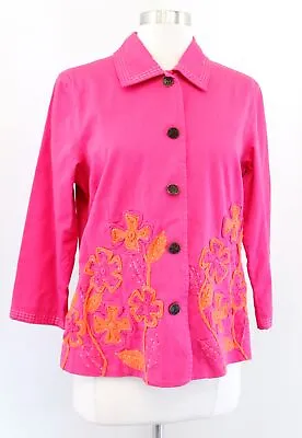 NWT $119 Chicos Pink Orange Embroidered Floral Button Jacket Size 0 Embellished • $50.94