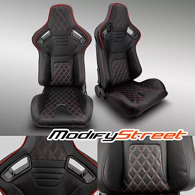 $293.98 • Buy 2 X BLACK PVC LEATHER/RED STITCH LEFT/RIGHT RACING CAR SEATS PAIR