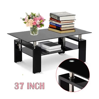 37 Inch Glass Coffee Rectangular Table Modern W/Shelf Living Room Furniture Home • $88.98