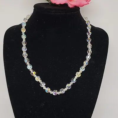Vintage Aurora Borealis Glass Beaded Choker Necklace AB Crystal Beads 16  • $24.95