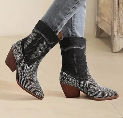 Cowboy Boots For Women - Black Denim & Rhinestone - Calf Length - 10 (41) • $150