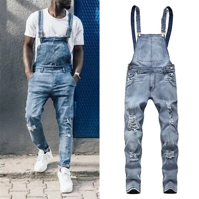 Men's Slim Fit Bib Pants Denim Overalls Suspender Skinny Jean Jumpsuits • $51.83