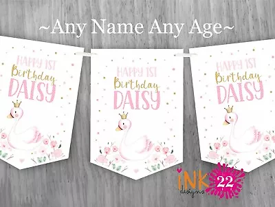 Personalised Girls Baby Birthday Party Banner Bunting Floral Swan Any Name • £4.99