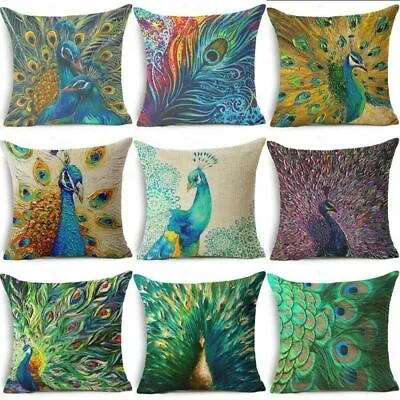 £3.59 • Buy Cushion Cover Cotton Linen Peacock Feather Throw  Home Decor Pillow Case