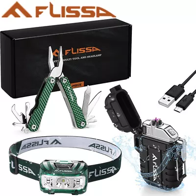 Flissa 3PCS Waterproof LED Headlamp & Windproof Lighters 12 In 1 Multitool Plier • $24.69