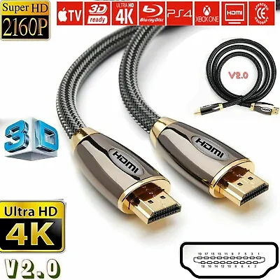HDMI Cable 4K Premium High Speed 2.0 Gold Plated Braided Lead 2160P 3D HDTV UHD • £7.34