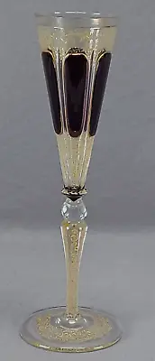 Moser Amethyst Cut To Clear Cabochon Enamel Scrollwork & Gold Champagne Flute • $395