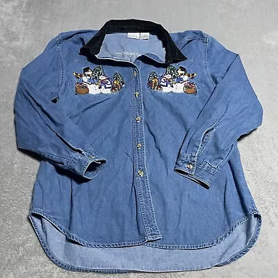 Vintage Bobby Brooks Shirt Womens XL Denim Christmas Button Up Embroidered • $27.95