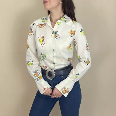 Vintage 70’s Dagger Collar Shirt Floral S 8 10 1970’s • £32