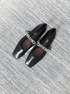 Zara Black Leather Flat Ballerina Shoes With Chain UK8 EU41 US10 # 397 • £29.95