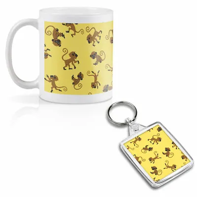 Mug & Square Keyring Set - Yellow Cheeky Monkey Pattern Jungle  #46492 • £9.99