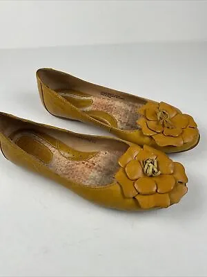 Born Julianne Leather Ballet Flats Mustard Yellow W/ Flower On Toe - Size 7.5 • $29