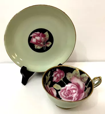VTG 1940s Chugai China Cup & Saucer Mint Green With Pink Roses Occupied Japan • $15.04