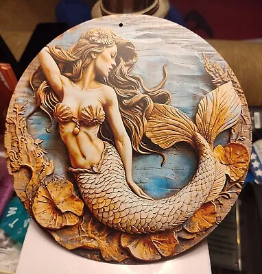 8 X8  METAL MERMAID SIGN FAUXWOODEN CARVED PAINTED CIRCULAR WREATH SIGN ENTRANCE • $15.55