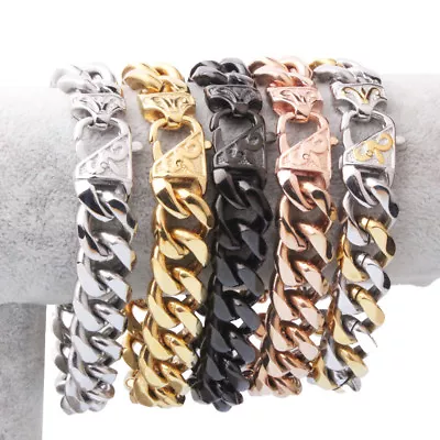 Heavy 12mm 15mm Mens Stainless Steel Silver Gold Black Curb Cuban Chain Bracelet • $10.25