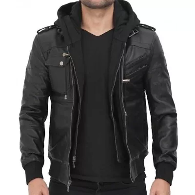 Bomber Leather Jacket Men's With Hoodie • $119.99