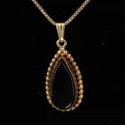 VTG 12K Gold Filled SIGNED Onyx Teardrop Pebbled Pendant 18  Gold Necklace - 4g • $2.99