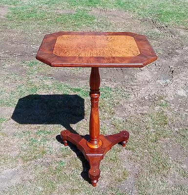 Antique Mahogany Burled Maple Center Satinwood Inlaid Pedestal Table Tripod Base • $787.50