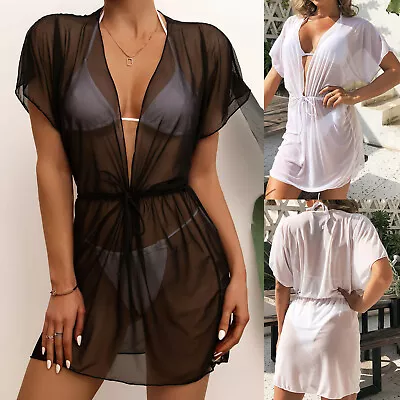 $18.04 • Buy Women Mesh Sheer Bikini Cover Up Shorts Sexy Swimwear Sleeve Beach Dress Summer