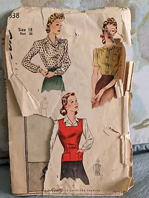 Vintage 1940s SIMPLICITY Blouse Sewing Pattern - 3638 - Size 18 - Complete • $8