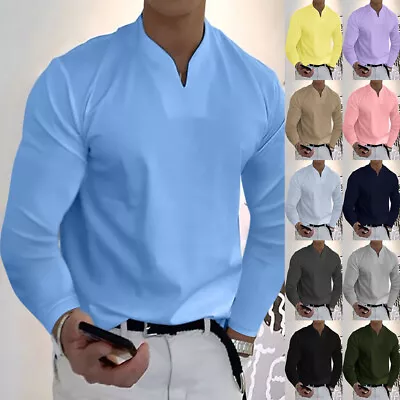 $17.09 • Buy Mens Long Sleeve V Neck Solid Color T Shirt Blouse Casual Loose Tops Tee S-5XL