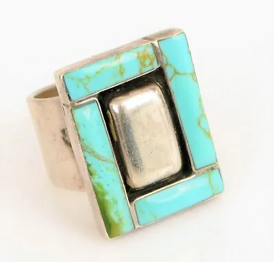 Vintage Beautiful Sterling Silver Ring Size 7.5 Blue Turquoise Inlay Geometric • $95