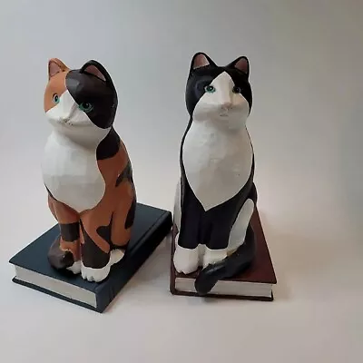 Cat Bookends/Figures Set Of 2 Folk Art Look Cat On Book Carved Look 8  WEAR • $25.95