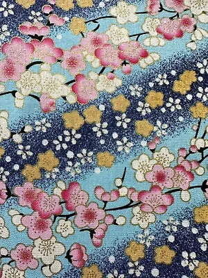 Japanese Blue Floral Metallic 100% Cotton 150cm Wide Sold By Continuous Meters • £11.95