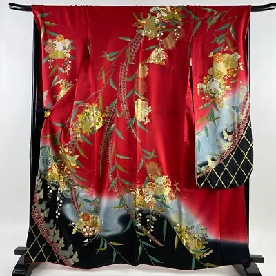 Japanese Silk Kimono Vintage Furisode Gold Red Butterfly Flower Grass Circle 64  • £221.57